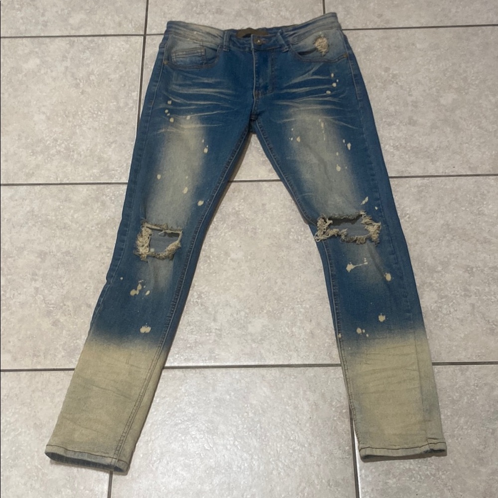 KDNK 1141411 Distressed Acid Cream painted Straight Jeans. Unisex